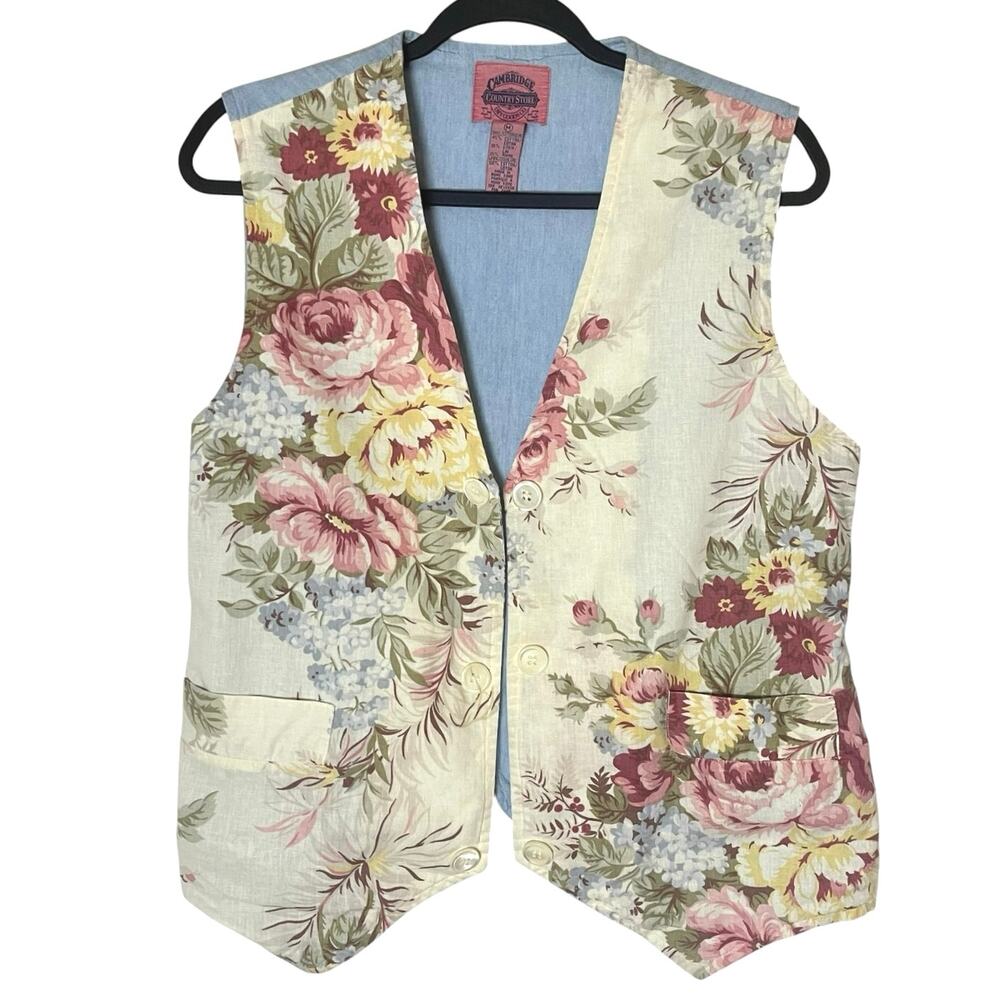 VTG Cambridge Country Store Floral Chambray Vest Medium Cottagecore ShabbyChic